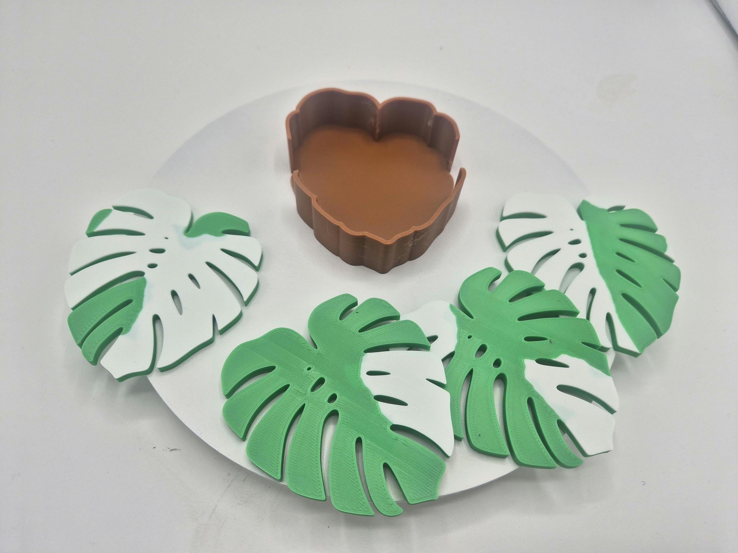 Monstera Mini Coaster Set of Four - 3D Printed - 4 Coasters with Different Designs